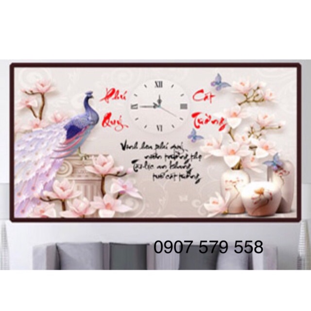 Tranh đính đá đồng hô Phú Quý Cát tường kt 90x58 cm