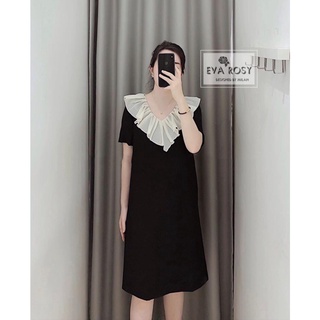 Váy bầu công sở đầm bầu thiết kế màu đen phối bèo cổ kem