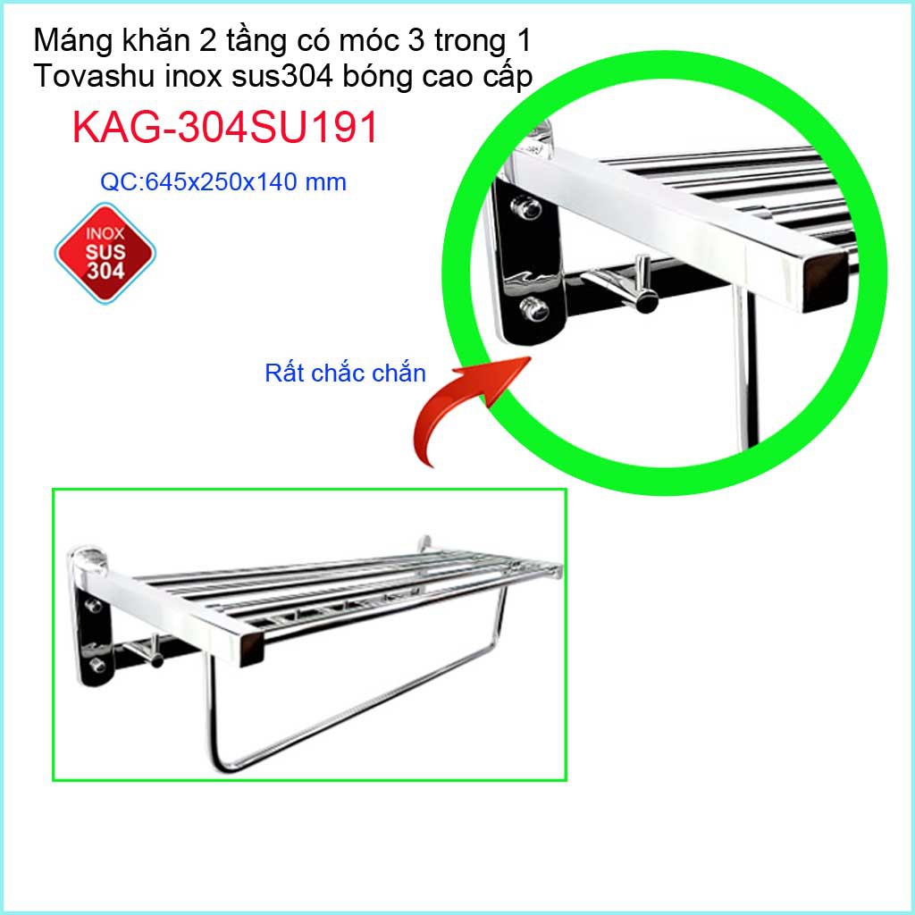 Thanh treo khăn tắm Tovashu KAG-304SU191, Giá treo khăn phòng tắm Inox hộp cao cấp SUS304 Nhật Bản