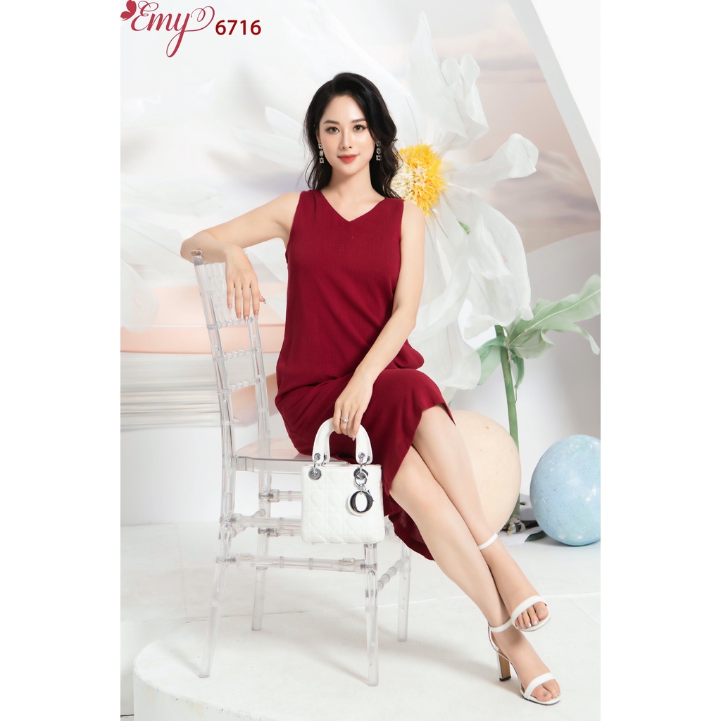 Đầm EMY EM6716 Suông Đỏ Cổ Tim Lưng Cách Điệu