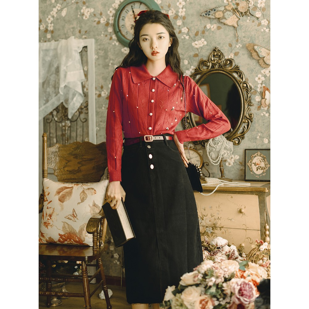 ❄Thu và mùa đông áo len dệt kim màu đỏ chuyên nghiệp phù hợp với váy Hồng Kông nữ phong cách retro sang trọng Y ་