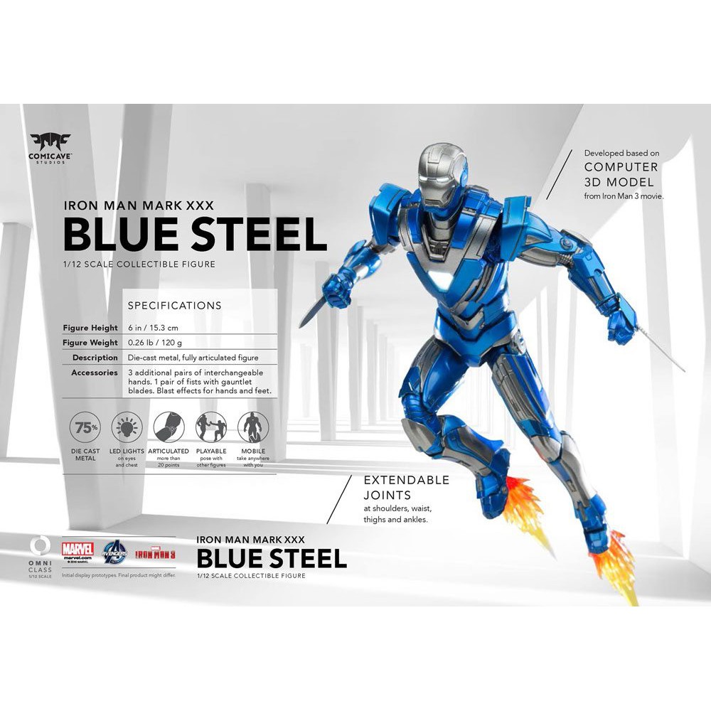Mô hình Chính Hãng Comicave x Marvel Iron Man Mark 30 MK30 Blue Steel Die-Cast 1/12
