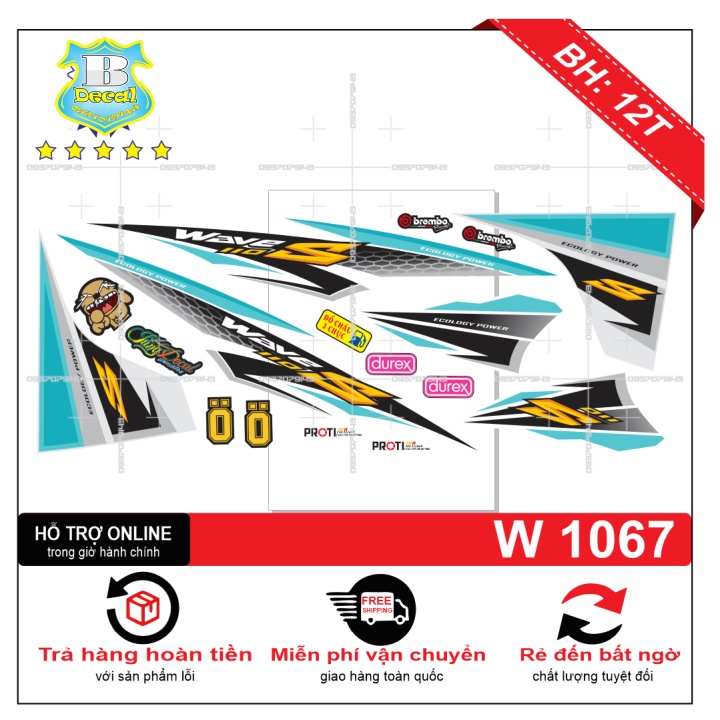 ( Quí khách vui lòng mang ra tiệm cho thợ dán ) Tem wave S 110 2017 trắng xanh
