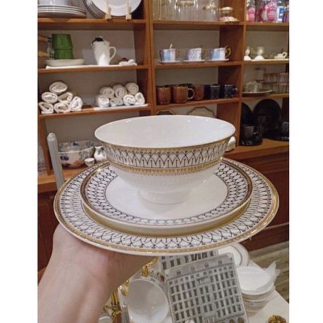 set 2 đĩa bàn ăn kiểu âu siêu sang đẹp, set đĩa viền xanh sang chảnh