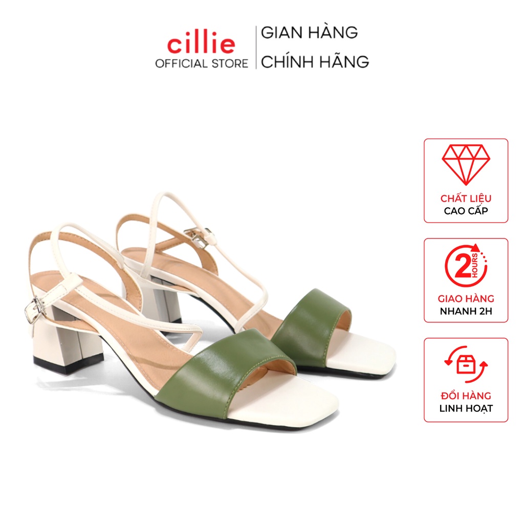 Giày sandal cao gót nữ mũi vuông phối màu lạ mắt gót vuông cao 5cm Cillie 1014