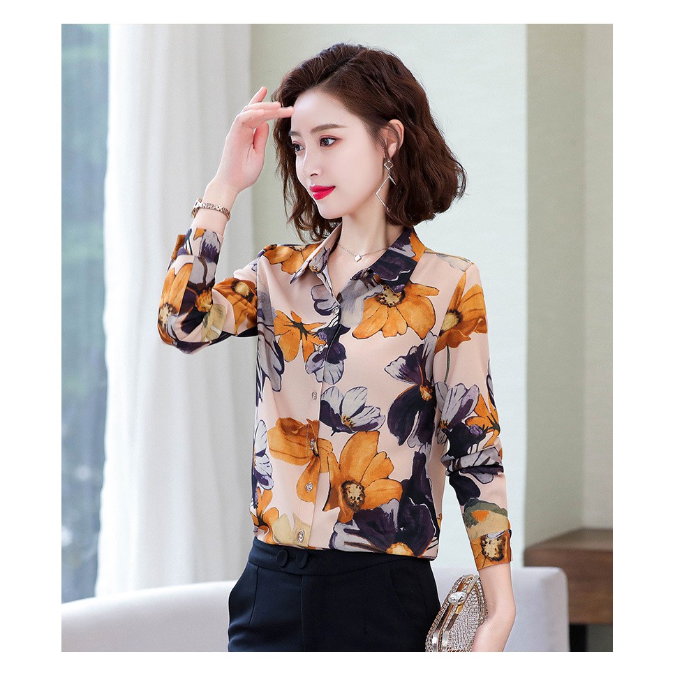 Áo Kate Lụa Thời Trang Công Sở Thanh Lịch Cho Nữ, Áo Polo Dài Tay Mới Mùa Thu in hoa SM77