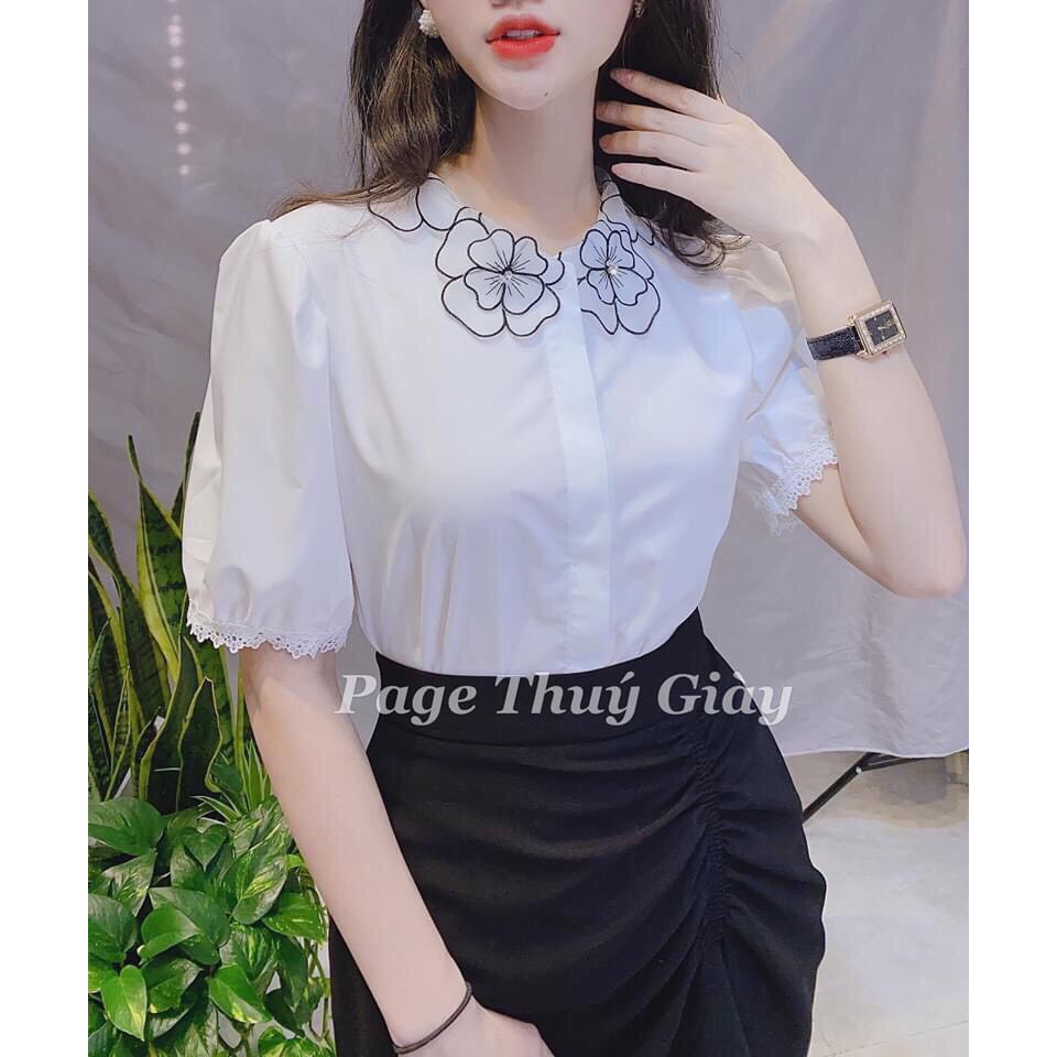 ÁO SƠ MI TRẮNG CỘC TAY CỔ HOA