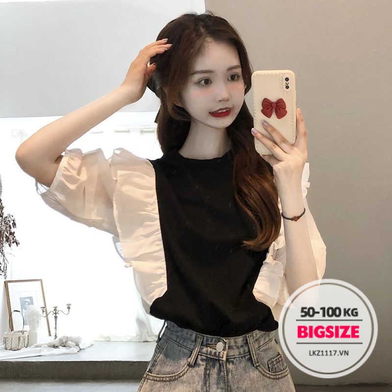 Áo thun Bigsize Áo babydoll nữ form rộng tay ngắn cổ bèo bánh bèo mùa hè Phong cách Hàn Quốc Thời Trang tiểu thư cá tính xinh đẹp cho người mập béo