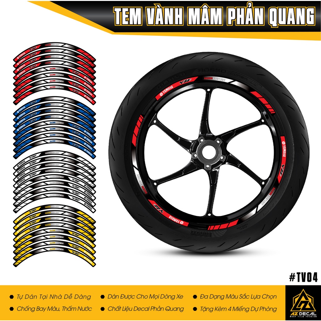 Tem Dán Vành Xe Phản Quang Yamaha YZF | TV04 | Decal Dán Mâm Xe Máy Chống Nước, Bền Màu, Bám Dính Chắc