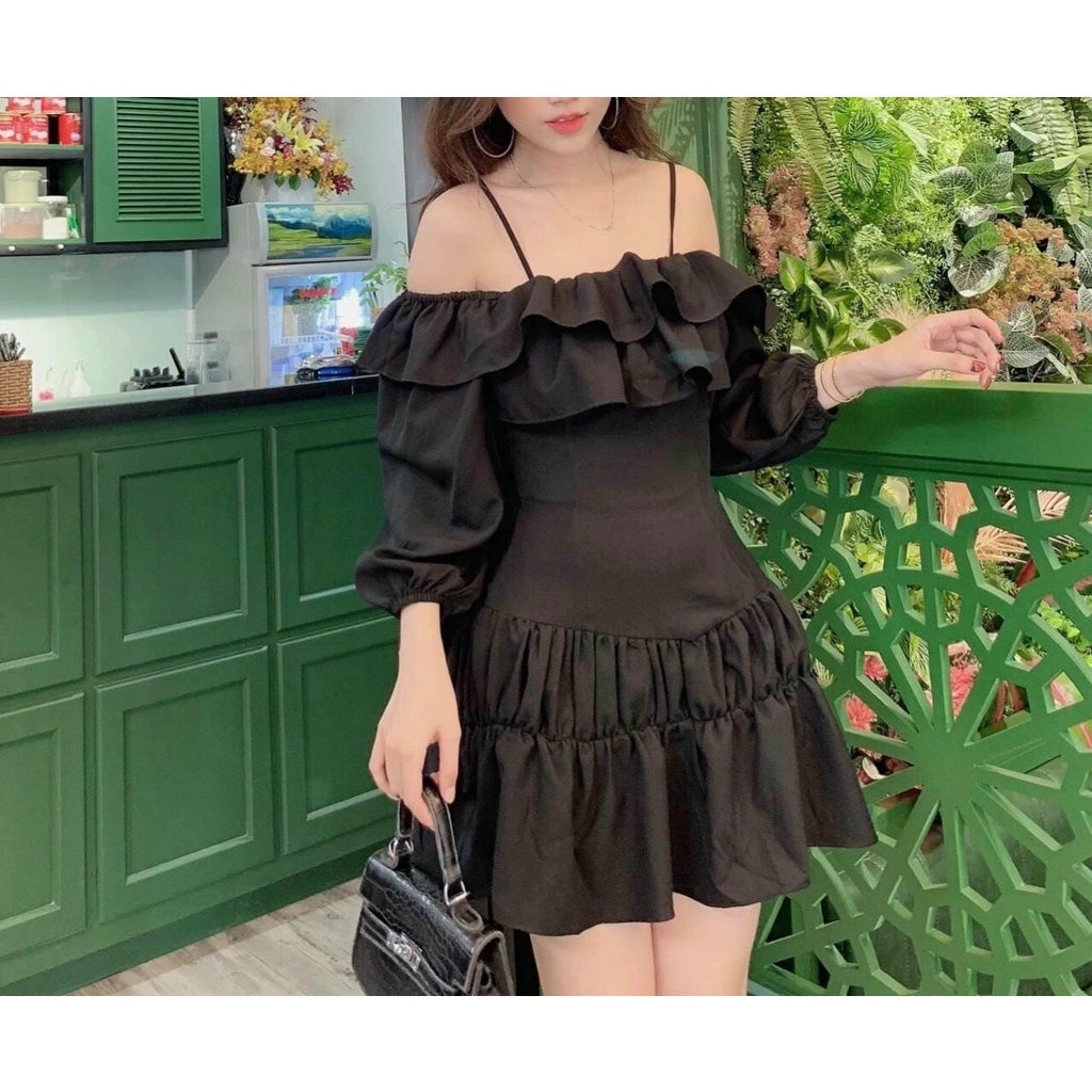 [ Miễn Phí Ship 2022 ] Đầm kate trễ vai hai tầng xếp ly cổ dây, đầm nữ kiểu dáng Hàn Quốc