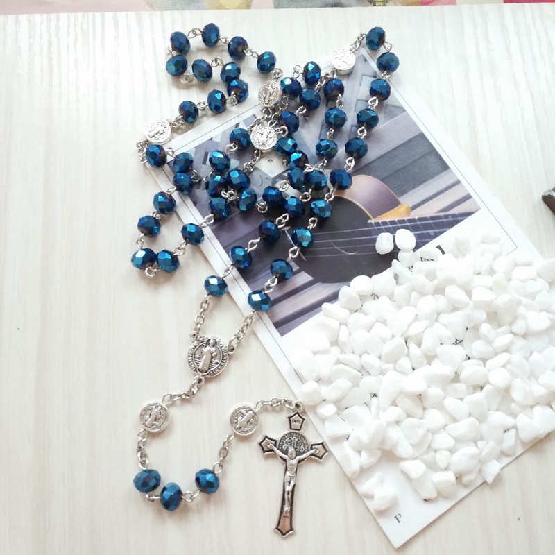Catholic Vòng cổ Chuỗi Hạt Pha Lê Màu Xanh Dương Hình Thánh Benedict Medal