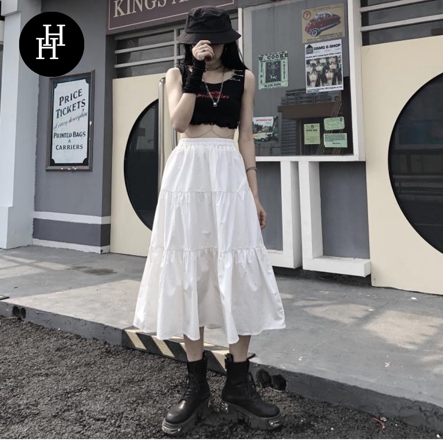 Chân váy liền tầng HCV22 lưng thun màu đen - trắng Hỉn Hỉn Store