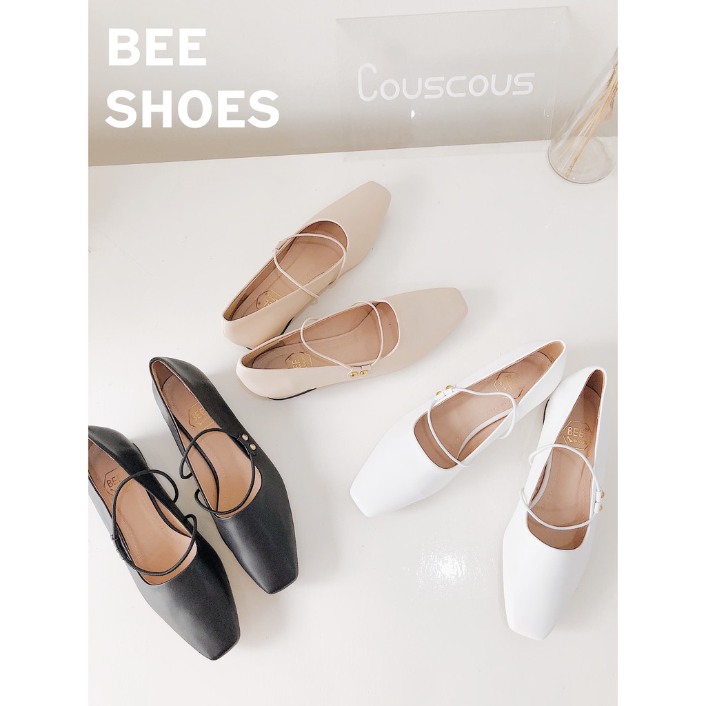 BEESHOES - GIÀY BÚP BÊ NỮ MŨI VUÔNG QUAI CHUN NGANG - GIÀY BÚP BÊ NỮ ĐẾ BỆT DA MỀM SẴN MÀU ĐEN - BE - TRẮNG 201054