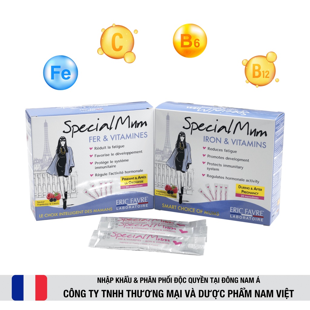 Sắt hữu cơ, Vitamin cho phụ nữ trước, đang mang thai và cho con bú - Special Mum Fer &amp; Vitamines - Hộp 20 gói [Pháp]