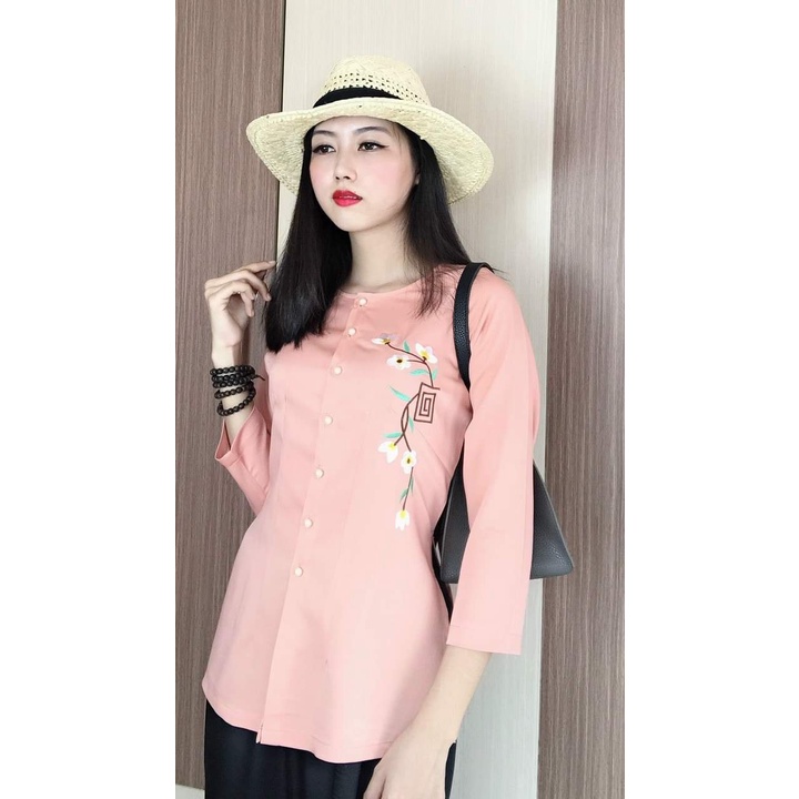 SET BÀ BA VẢI LỤA THIÊU NHÁNH HOA XINH