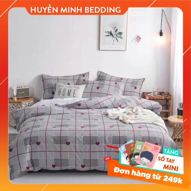 Bộ Chăn Ga Gối Tim Kẻ Poly Cotton Cao Cấp - Bộ Chăn Ga Gối Đệm 5 Món