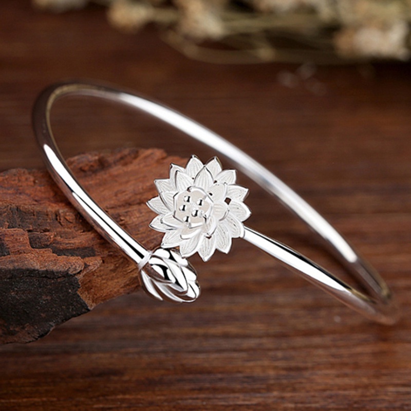 Vòng Đeo Tay Dạng Hở Hình Hoa Sen Màu Bạc Phong Cách retro Hàn Quốc