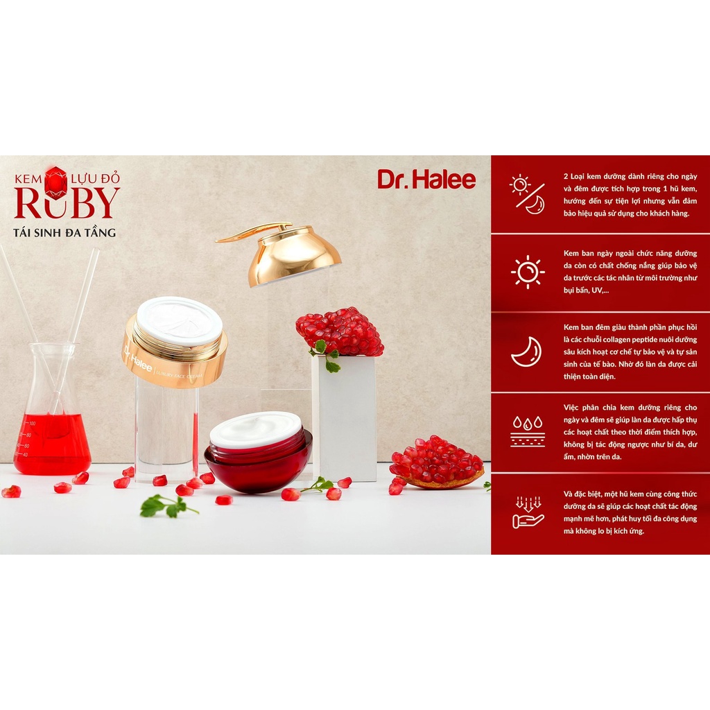 Kem Face Ruby Lựu Đỏ Dr.Halee Dưỡng Trắng Da Ngày & Đêm 50g