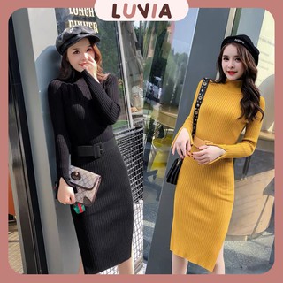 Váy Len Body Dáng Dài Kèm Đai Đầm Len Ôm Cổ Lọ Hàng Quảng Châu Dày Mịn