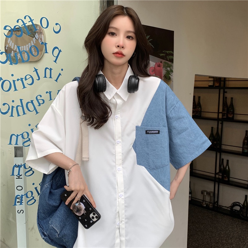 「 WELOVE1 」Áo sơ mi tay ngắn dáng rộng tùy chọn màu sắc phong cách retro Mỹ thời trang dành cho nữ