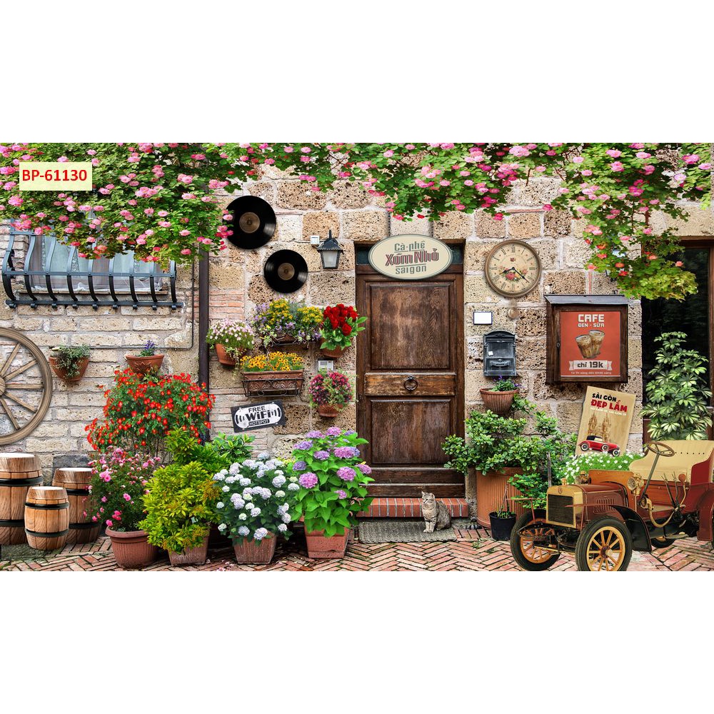 Tranh dán tường Quán Cafe, Trà Sữa, Trang Trí Cửa Hàng 3D khổ lớn