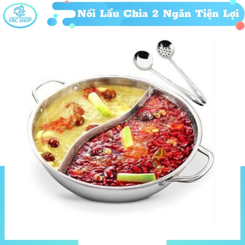 Nồi Lẩu Chia 2 Ngăn Có Nắp Kính Nấu Được Bếp Từ Và Bếp Gas Tiện Lợi, Nồi Lẩu 2 Ngăn Cao Cấp