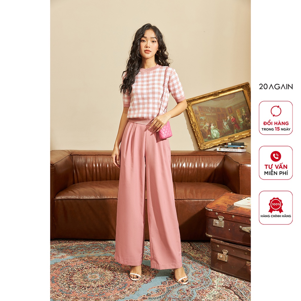 Áo len nữ ngắn tay cổ tròn 20AGAIN,  phong cách Hàn Quốc trẻ trung, họa tiết caro cá tính  ALA0056 | BigBuy360 - bigbuy360.vn