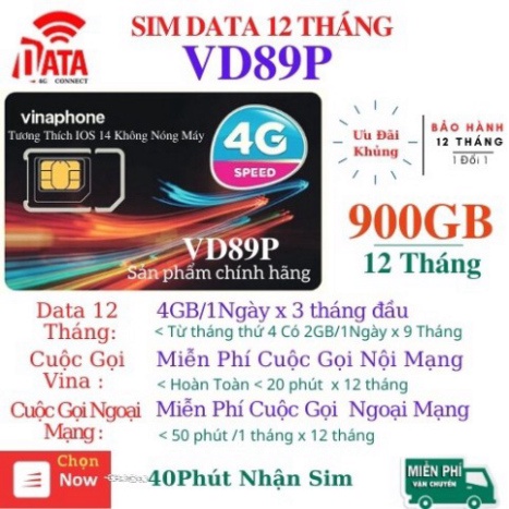 ĐỈNH CHÓP [FreeShip] Sim 4G Vina VD89 VD149 Miễn Phí Data 2GB - 4GB 1 Ngày Và Gọi 12 Tháng Không Cần Nạp Tiền SIÊU HOT