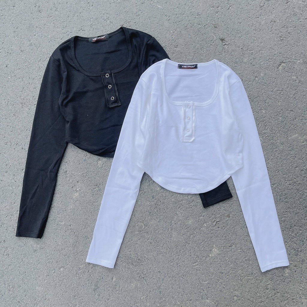 áo croptop ảnh thật tay dài vạt bầu chất bozip nút bấm na