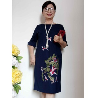 Váy Đầm Trung Niên Thêu Cánh Chim Form Suông - Vải Thun Nhật Co Giãn - Size 50kg-90kg