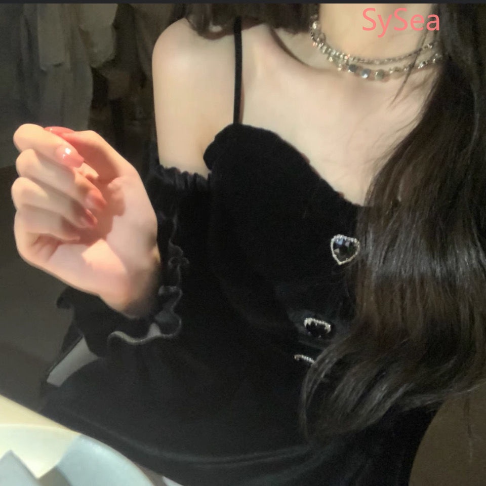 Đầm nhung đen dáng chữ A trễ vai tay dài thời trang mùa hè cho nữ