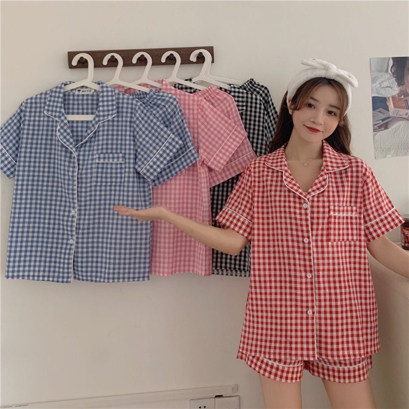 Set Pijama Cộc Tay Kẻ Caro PEONYB Nữ [FREESHIP] Bộ đồ ngủ mặc ở nhà, áo thun form rộng kèm quần short cá tính Ulzzang