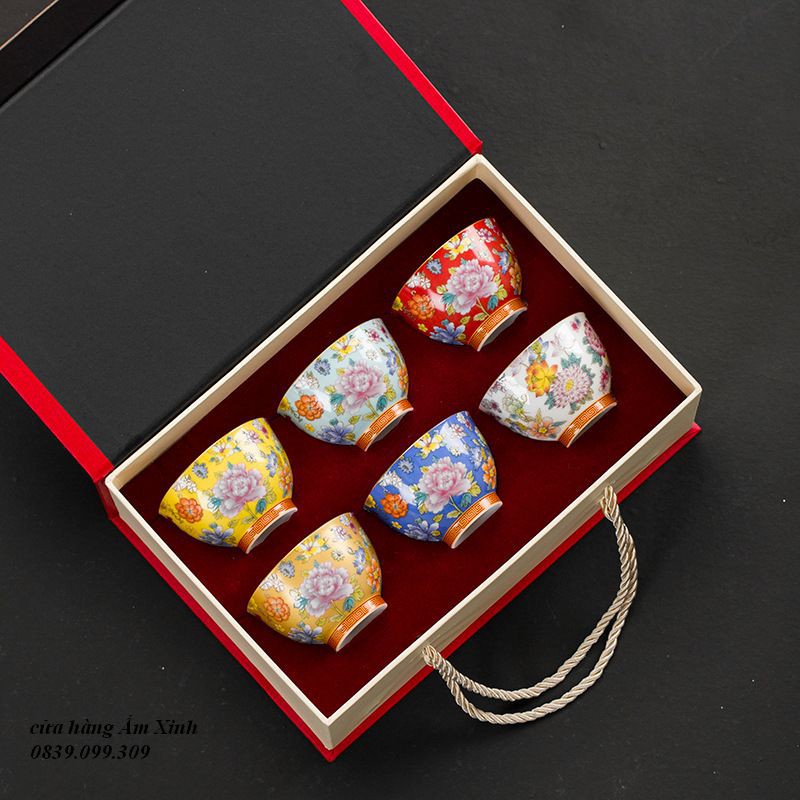 Bộ chén sứ Cảnh Đức vẽ tay thủ công (Bộ 06 chiếc kèm hộp quà)