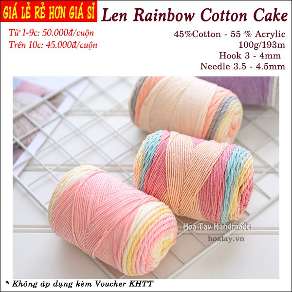 Len Rainbow Cotton Cake- Len đan móc khăn, nón Bảng màu 17 đến 28