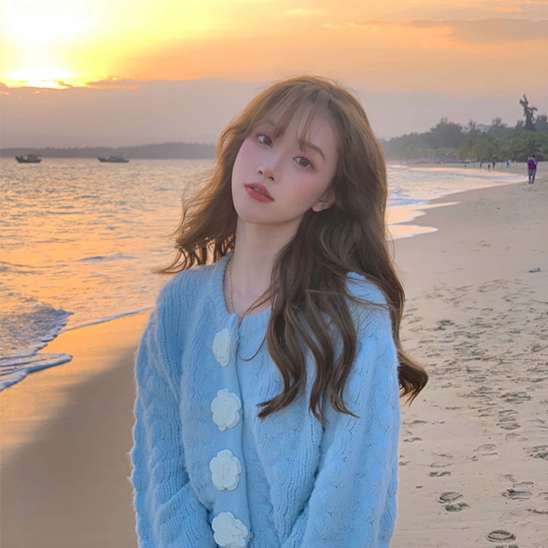 Áo cardigan dệt kim tay dài cổ tròn dáng rộng phối nút thời trang mùa thu cho nữ