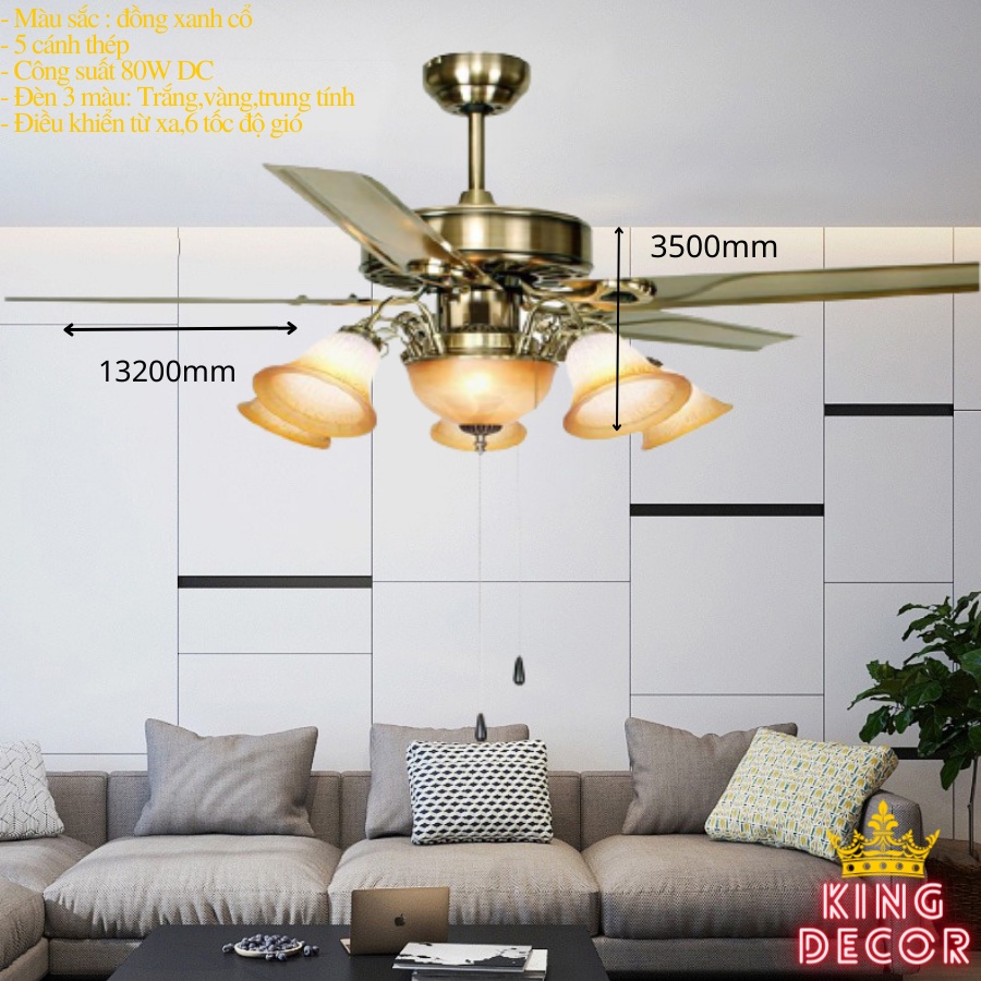 Quạt trần đèn 5 cánh thẳng,điều khiển từ xa 6 tốc độ gió ,tặng kèm móc cao su