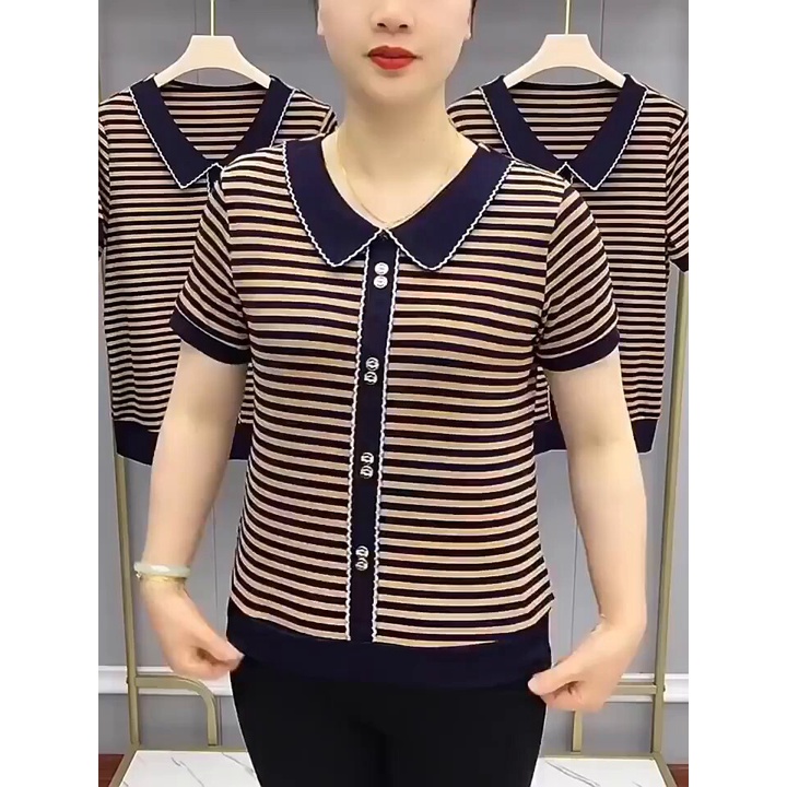 Áo thun nữ trung niên tay ngắn dáng rộng, áo trung niên kẻ ngang chất liệu cao cấp, thoáng mát có size lớn thời trang