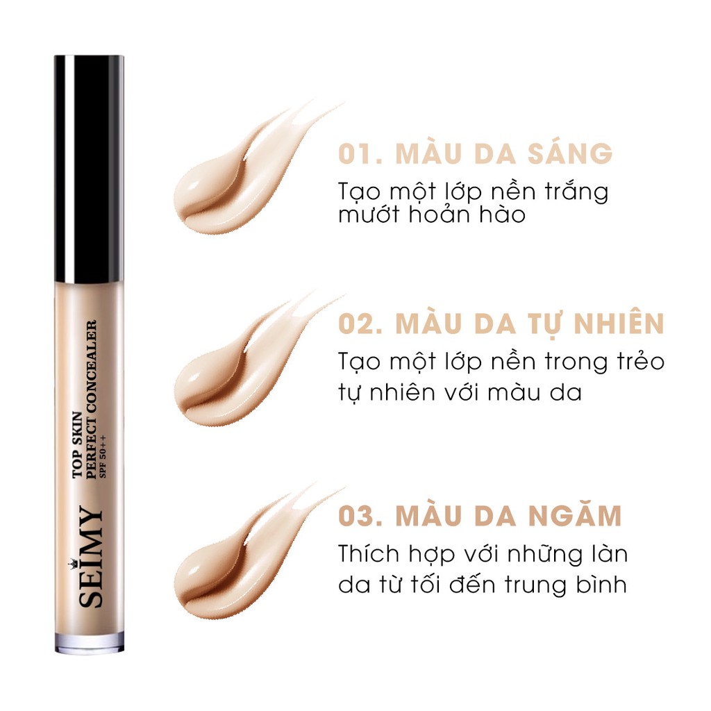 Kem Che Khuyết Điểm SEIMY - Perfect Concealer Lâu Trôi, Độ Che Phủ Cao, Chống thấm, Chống nắng SPF 50+ gồm 3 màu tông da