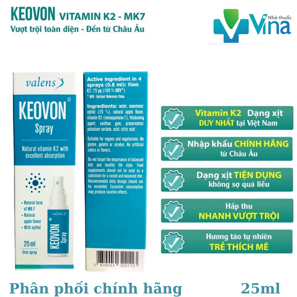 Keovon Spray Vitamin K2 - Kích thích phát triển chiều cao cho trẻ em (Chai 25ml)