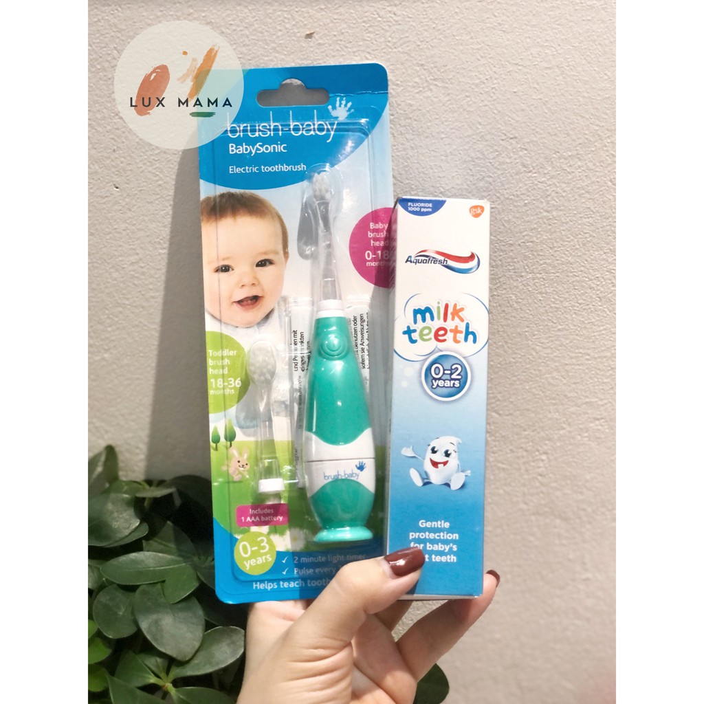 [CHÍNH HÃNG UK] Bàn chải điện cho bé  0-3 tuổi  Brushbaby Babysonic gồm 2 đầu bàn chải