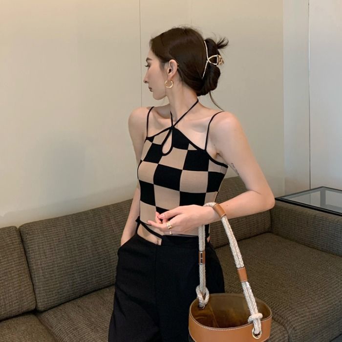 COZOK Áo hai dây sọc caro thời trang gợi cảm cho nữ