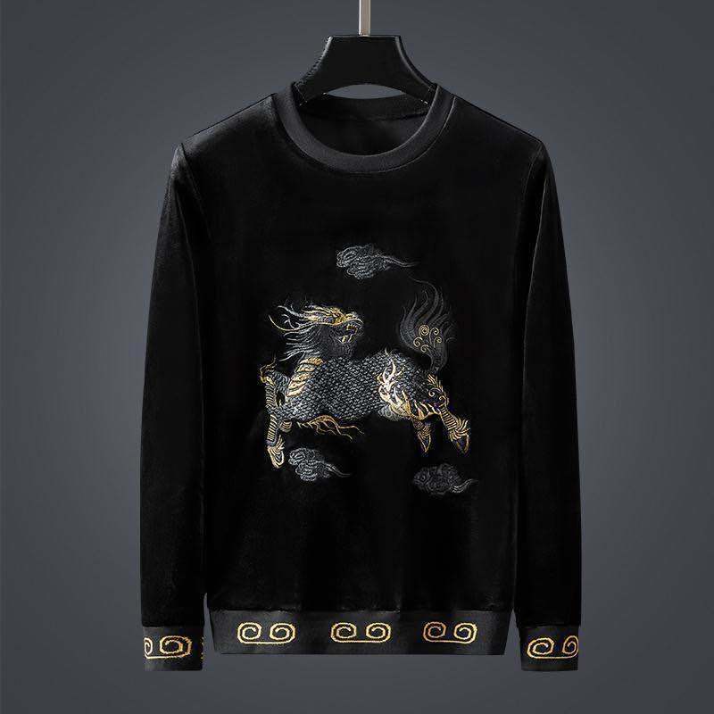 Bộ quần áo nhung dày dáng rộng thêu họa tiết con lân phong cách Trung Hoa ấm áp cho nam mùa thu đông