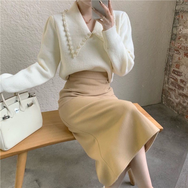 Set Áo Len Tay Phồng Cổ Chữ V Đính Hạt + Chân Váy Lưng Cao Thời Trang Cho Nữ | BigBuy360 - bigbuy360.vn