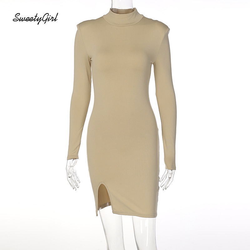 Đầm Cổ Cao Tay Dài Xẻ Tà Màu Trơn Thời Trang Quyến Rũ Cho Nữ 2022