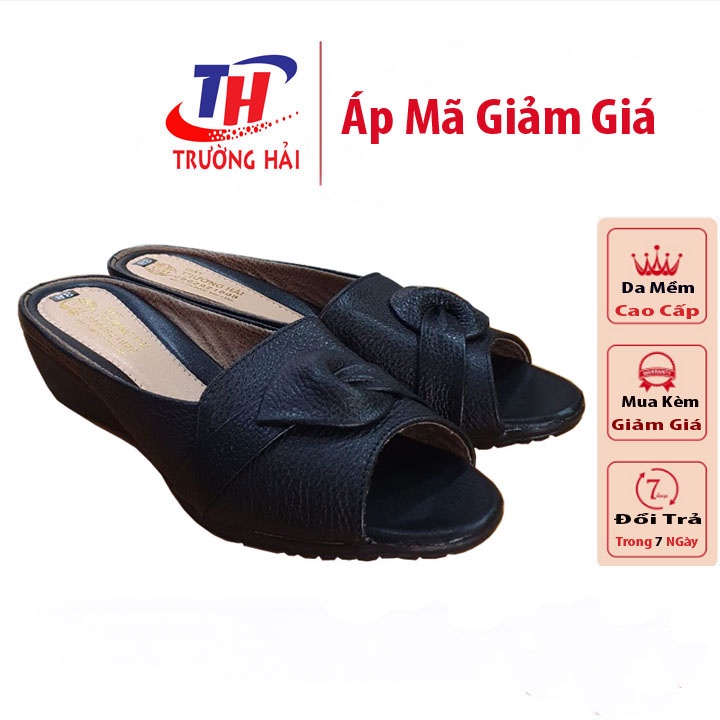 Dép Nữ Quai Ngang Trường Hải  Đế Xuồng 4cm Da Bò Thật