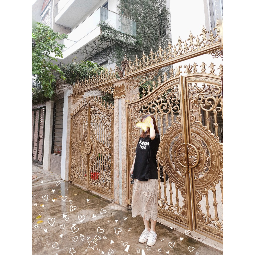 set áo phông rộng in chữ kèm chân váy midi chấm bi 2 lớp, ảnh thật cận chất