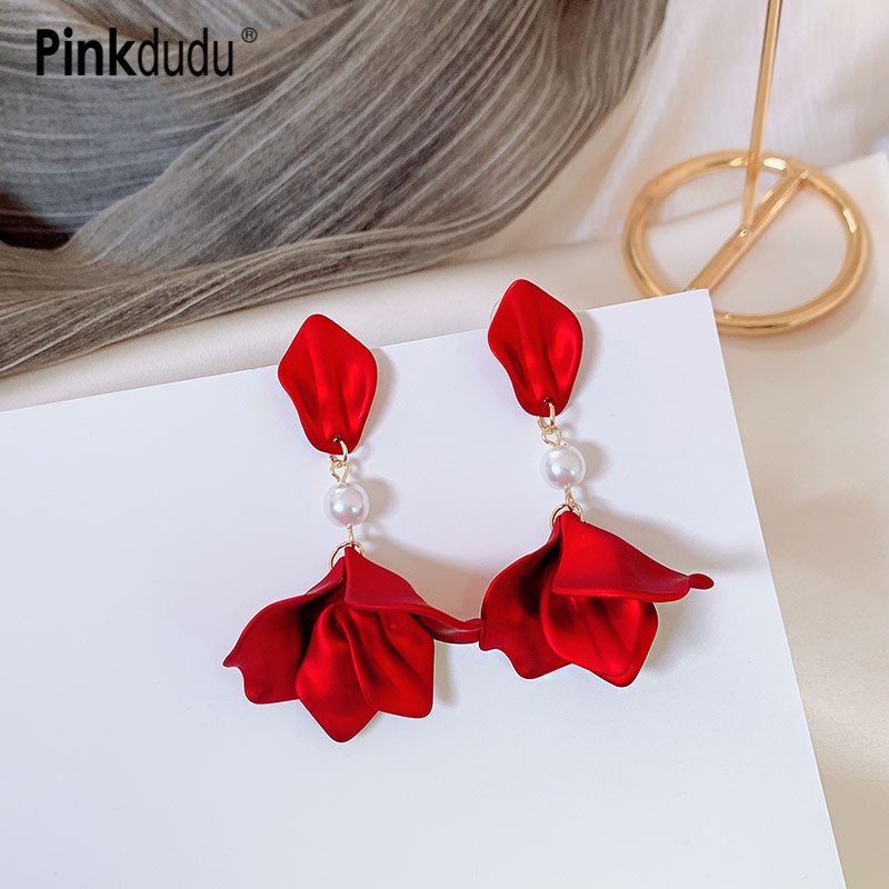 PINKDUDU Bông Tai Dáng Dài Hình Cánh Hoa Màu Đỏ Phong Cách Bohemian Thời Trang Cho Nữ PD138