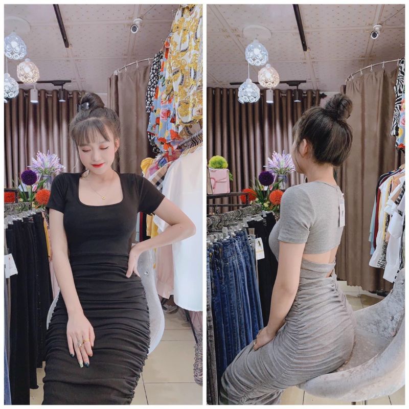 Đầm Thun Ôm Body Dáng Dài Maxi Tay Ngắn Nhún Hông Hở Lưng Sexy | BigBuy360 - bigbuy360.vn