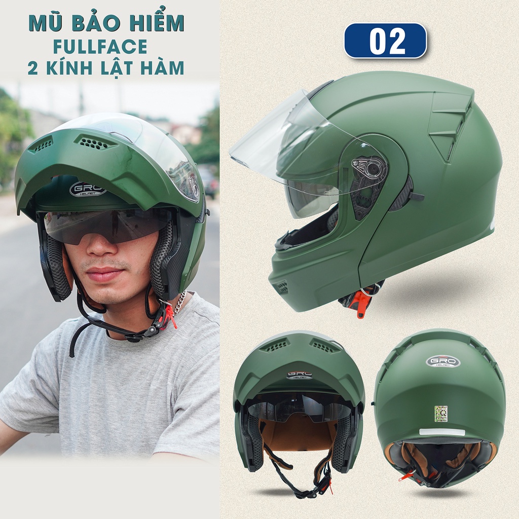 Mũ Bảo Hiểm Fullface GRO Helmet Chính hãng, thiết kế 2 kính lật hàm, khóa kim loại chắc chắn - Xanh Lục Quân