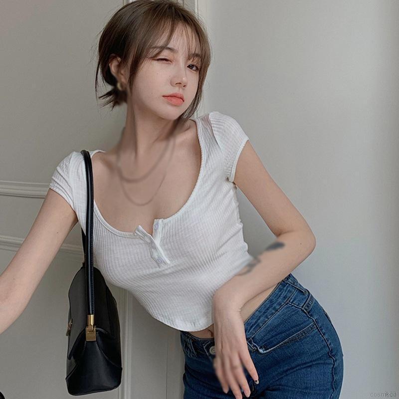 Áo croptop ngắn tay cổ chữ U thời trang gợi cảm cho nữ